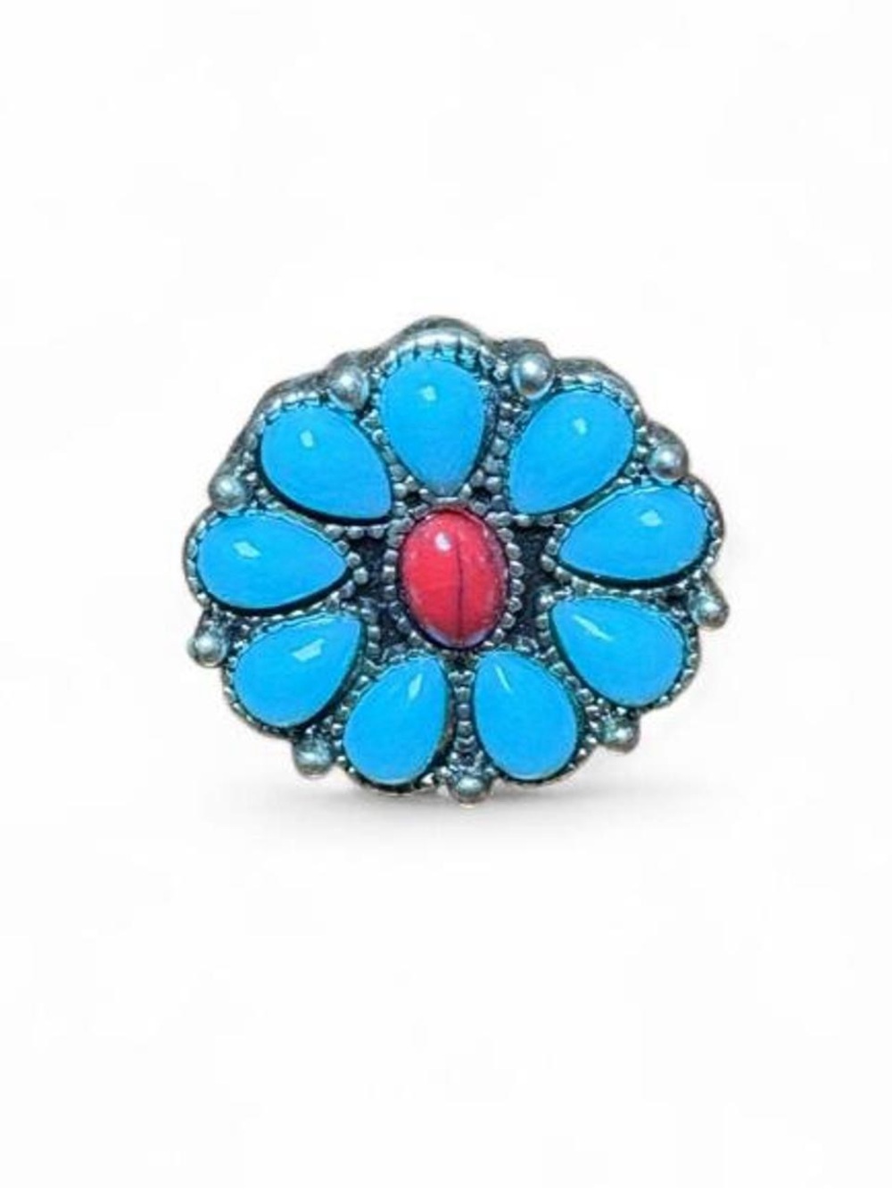 Silver Tone Floral Design Faux Turquoise Beaded Fashion Ring Size 6